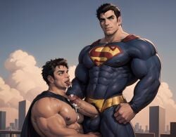 ai_generated bara batman batman_(bruce_wayne) batman_(series) bruce_wayne clark_kent dc dc_comics gay hero kal-el male male_focus male_only muscles muscular muscular_male nipples penis sofa stable_diffusion superhero superman superman_(clark_kent) superman_(series) tagme underwear yaoi