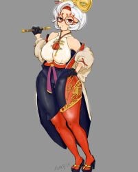 alexpir breasts character feet looking_at_viewer nintendo pantyhose purah purah_(tears_of_the_kingdom) red_eyes skirt thick_thighs white_hair zelda zelda_(tears_of_the_kingdom)