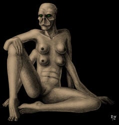 2017 4_arms 4_breasts 4_fingers 4_toes absurd_res alien anthro barefoot breasts brown_skin dekxer empty_eyes epic_games feet female fingers graphite_(artwork) green_eyes hand_on_knee hand_on_leg hi_res humanoid humanoid_feet humanoid_hands leaning leaning_back multi_arm multi_breast multi_limb nali_(species) navel nipples pencil_(artwork) pussy simple_background solo spread_legs spreading toes traditional_media_(artwork) unreal_(series) video_games