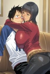 big_ass big_breasts blonde_hair blue_eyes curvy curvy_female huge_breasts mature_female milf monkey_d_luffy nico_robin one_piece thick_thighs younger_male
