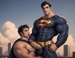 ai_generated bara batman batman_(bruce_wayne) batman_(series) bruce_wayne clark_kent dc dc_comics gay hero kal-el male male_focus male_only muscles muscular muscular_male nipples penis sofa stable_diffusion superhero superman superman_(clark_kent) superman_(series) tagme underwear yaoi