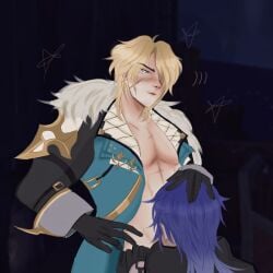 2boys 2man big big_breasts blonde_hair blowjob blue_eyes blue_hair breasts clothing erotic flins_(genshin_impact) fur_coat gay gay_blowjob gay_sex genshin_impact gloves gold_(metal) light-skinned_male light_hair light_skin long_hair love male male_only man_boobs man_breasts middle_aged muscular nature nature_background nude scar torso varka_(genshin_impact) voluptuous yaoi