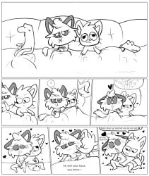 anthro bedding black_ears black_sclera blanket blush bodily_fluids boss boss_and_employee canid canine comic cornbread_(deadlycomics) crocodile crocodilian dinosaur domestic_cat dominant drooling duo employee felid feline felis female finger_fuck fingering fox furniture group male male/female mammal monochrome movie_night orlando_(deadlycomics) power_bottom prehistoric_species reptile saliva sandals_(deadlycomics) scalie sex sibbie_(deadlycomics) sleeping sleeping_together smug sofa speech_bubble submissive teasing touching_thigh vaginal_penetration zexium