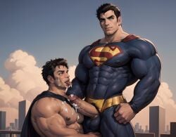ai_generated bara batman batman_(bruce_wayne) batman_(series) bruce_wayne clark_kent dc dc_comics gay hero kal-el male male_focus male_only muscles muscular muscular_male nipples penis sofa stable_diffusion superhero superman superman_(clark_kent) superman_(series) tagme underwear yaoi