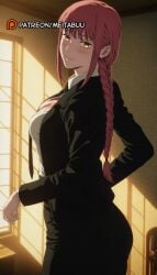 ass black_jacket black_necktie black_pants blush braid braided_ponytail breasts business_suit chainsaw_man chair cleavage closed_mouth collared_shirt female formal from_side indoors jacket large_breasts long_hair long_sleeves looking_at_viewer makima_(chainsaw_man) medium_breasts meitabuu necktie open_clothes open_jacket pants partially_unbuttoned red_hair ringed_eyes shirt shirt_tucked_in sidelocks smile solo suit sunlight white_shirt window window_shademakima_(chainsaw_man) yellow_eyes