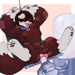 1:1 anal anal_sex animate_inanimate anthro anthro_penetrated anus arms_above_head big_anus big_muscles big_pecs bose brown_body bulge canid canine canis collar domestic_dog donut_mouth hair hair_over_eye hi_res living_plushie living_sex_toy male male_penetrated mammal muscular nipples nude_anthro nude_male null_bulge pawpads pecs penetration pink_background plush_stuffing plushie puffy_anus simple_background sitting solo submissive submissive_anthro submissive_male white_background white_body