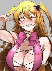 1girls big_breasts blonde_hair blush don_quixote_(limbus_company) female heart limbus_company long_hair looking_at_viewer nb8c no_bra partially_clothed presenting project_moon queen_of_hatred smile sweat twintails wink yellow_eyes