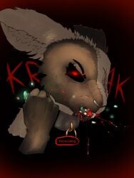 3:4 anthro black_background blood bodily_fluids broken_teeth collar eating female gore hi_res missing_eye multicolored_body raisa_vharr_gres red_eyes scar simple_background slave solo sound_effects speech_bubble two_tone_body tyunre