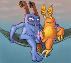2boys 4_arms blue_fur bowgart congle frottage full_body gay hammock monster my_singing_monsters orange_fur penis