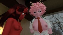 2girls arms_behind_back black_sclera breast_envy breasts breasts_out looking_at_viewer meru_(merunyaa) mina_ashido my_hero_academia nipples nude nude_female open_shirt pink_body pink_hair red_body red_hair school_uniform shirt_open small_breasts smug smug_face