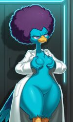 1girls afro ai_generated bird bird_girl breasts_grab female furry furry_female fusionfall grabbing_own_breast labcoat purple_eyes solo solo_female tail_feathers thick_thighs thin_neck wide_hips