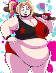 ass bbw big_belly big_breasts blue_eyes breasts clown_girl dc_comics digital_media_(artwork) drawnbygorb fat_ass female harley_quinn harley_quinn_(series) lipstick morbidly_obese morbidly_obese_female multicolored_background multicolored_hair overweight tagme thick_thighs weapon weapon_over_shoulder