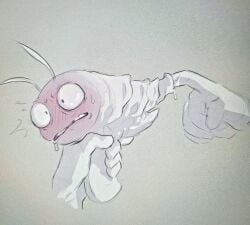 antennae black_eyes full_body grey_background high_on_life no_humans rain solo standing teeth traditional_media