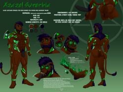 4:3 absurd_res anthro ass azazel_superbia balls black_sclera brown_body brown_fur colored demon digital_drawing_(artwork) digital_media_(artwork) english_text erection felid feline fur genitals green_eyes hair hi_res kay(azazel) kay_powers lion male mammal model_sheet mythological_creature mythology nude pantherine penis reference_to_character signature simple_background smile solo tail tattoed text tongue