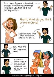 3girls blonde_hair blue_eyes brown_hair brown_skin burned_skin chris_mclean comic comic_page courtney_(tdi) dark-skinned_male dark_skin gwen_(tdi) large_breasts lindsay_(tdi) modeling naked nude nude_female small_breasts tan_body tan_lines tanned white_skin