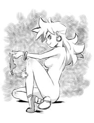 ass bangle bracelet breasts earrings female greyscale high_heels jewelry long_hair medium_breasts monochrome nude panty_(psg) shoes smile solo squatting