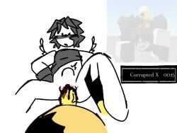 1male black_cum black_hair black_shirt blush blush blush_lines claws clothing detect_(artist) dick_inside forsaken_(roblox) gay john_doe_(forsaken) leg_up legs_apart nonbinary roblox shirt_up two_time_(forsaken) white_skin yellow_skin