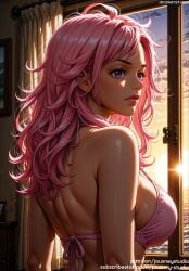 ai_generated back bangs bare_shoulders bikini breasts closed_mouth clothing cloud cloudy_sky curtains eyelashes female female female_only from_behind ginny_(one_piece) halterneck indoors jousneystudio large_breasts lips long_hair looking_back medium_breasts messy_hair one_piece pink_bikini pink_hair purple_eyes shiny_skin sideboob sky solo sunlight sunset swimsuit upper_body window