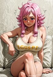 ai_generated bangs bare_shoulders bed blush bottomless breasts clavicle cleavage closed_mouth clothing collarbone couch covered_nipples crossed_legs dark_skin english_text female female female_only ginny_(one_piece) indoors jousneystudio large_breasts lips lying medium_hair on_bed on_couch one_piece pillow pink_hair purple_eyes shirt shorts sidelocks sitting sleeveless solo sweat tank_top thighs trembling white_tank_top