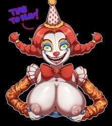 animatronic big_breasts bowtie breasts breasts_out clown clown_girl english_text five_nights_at_freddy's five_nights_at_freddy's:_secret_of_the_mimic jackie_(fnaf) large_breasts no_background oddrich pale_skin party_hat pigtails robot robot_girl secret_of_the_mimic talking text