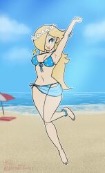 1girls ankle_bracelets barefoot beach bikini blonde_hair blue_eyes blue_nails brodtsumi busty curvy flower_crown hair_over_one_eye light-skinned_female light_skin mario_(series) nintendo painted_nails princess_rosalina sarong swimsuit