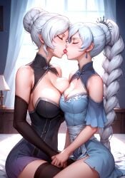 2girls adult_and_teenager ai_generated civitai incest kissing mature_female mikey-rg97 rooster_teeth rwby silver_hair sister_and_sister sisters weiss_schnee winter_schnee younger_female yuri