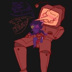 blush deltarune deltarune_chapter_2 deltarune_chapter_3 english_text fangs size_difference spamton_g_spamton speaking struggling_to_fit sweat tenna_(deltarune) tv tv_head undertale undertale_(series)