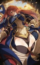 1girls alternate_costume armor armored_female black_panties female fire_emblem fire_emblem_awakening fire_emblem_heroes lucina_(fire_emblem)_(cosplay) nintendo panties pinkseito red_eyes red_hair severa_(fire_emblem) thigh_window thighs twintails