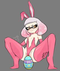 2019 areola blush camel_toe cephalopod clothing crouching easter_egg egg female grey_background humanoid inkling marine mollusk nintendo nipples pearl_(splatoon) rockecchi simple_background smile solo splatoon spread_legs spreading video_games