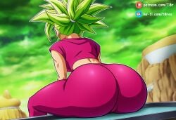 ai_generated arched_back ass ass_focus back_view big_ass clothed clothing dragon_ball dragon_ball_super dragon_ball_z green_hair kefla leggings narrow_waist patreon sitting sportswear t8r viewed_from_behind wide_hips