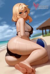 1futa 2d ai_generated ass bangs barefeet big_ass bikini blonde_hair breasts bridget bulge erection erection_under_clothes erophoenix feet full_body futa_focus futanari green_eyes intersex looking_at_viewer looking_back navel nude pale_skinned_futa patreon_username penis sitting smile soles solo solo_futa sweat swimsuit thick thick_thighs toes trans_woman uncensored