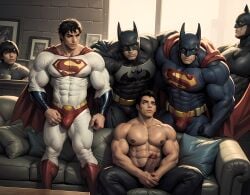 ai_generated bara batman batman_(bruce_wayne) batman_(series) bruce_wayne clark_kent dc dc_comics gay hero kal-el male male_focus male_only muscles muscular muscular_male nipples original_character original_characters penis sofa stable_diffusion superhero superman superman_(clark_kent) superman_(series) tagme underwear yaoi