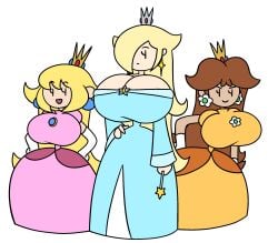 2026 3girls barely_contained barely_contained_breasts big_breasts black_eyes blonde_hair breasts crown dress ear_piercing earrings eyelashes gigantic_breasts gold500050 hand_on_hip hands_on_hips huge_breasts large_breasts long_hair mario_(series) massive_breasts one_eye_covered one_eye_obstructed pale-skinned_female pale_skin princess_daisy princess_peach princess_rosalina solo solo_female solo_focus super_mario_bros. super_mario_galaxy terminalmontage wand white_skin white_skinned_female yellow_body yellow_hair