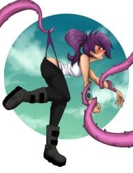 1_eye 2024 artist_signature bullying comedy_central digital_media_(artwork) embarrassed femsub futurama guernyka humiliation masochism panties purple_hair tagme tentacle turanga_leela wedgie wedgied_female