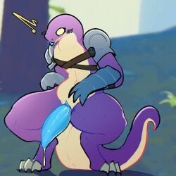 anthro armor big_penis blep blush bodily_fluids dripping gatotacato genital_fluids genitals lemurian male penis precum precum_drip risk_of_rain solo tongue tongue_out