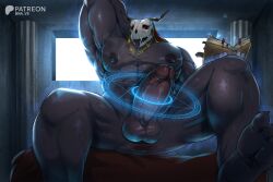 2_horns 3:2 absurd_res anthro anus barazoku bed big_muscles big_penis biped bna_v5 bone book demon elias_ainsworth erection furniture genitals glans hi_res horn humanoid_genitalia humanoid_penis magic_user male male_only muscular muscular_anthro muscular_male nude_anthro nude_male on_bed penis skull skull_head solo vein veiny_penis