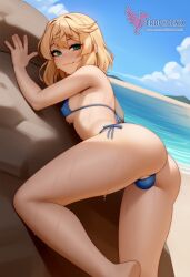 1futa 2d ai_generated ass bangs barefeet big_ass bikini blonde_hair breasts bridget bulge erection erection_under_clothes erophoenix feet full_body futa_focus futanari green_eyes intersex looking_at_viewer looking_back navel nude pale_skinned_futa patreon_username penis sitting smile soles solo solo_futa sweat swimsuit thick thick_thighs toes trans_woman uncensored