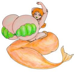 absurdres alternate_breast_size big_areola big_breasts bikini blue_eyes breast_squeeze breasts breasts_bigger_than_head breasts_bigger_than_torso breasts_out brown_hair clothing female female_only gaixas1 gaixas1draw grabbing_another's_breast grabbing_own_breast grin groping hair_ornament hat highres huge_breasts large_breasts legs looking_at_viewer mario_(series) merfolk mermaid mermaid_tail micro_bikini mostly_nude navel nintendo nude orange_hair orange_tail princess princess_daisy pubic_hair pussy shell_bikini short_hair smile solo solo_female solo_focus stockings super_mario_land swimsuit tagme tail thick_tail thick_thighs thighhighs thighs toned traditional_media watermark