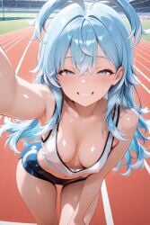 ai_generated arbitrary blue_eyes blue_hair cleavage down_blouse hololive hololive_indonesia kobo_kanaeru nipple_peek reaching_towards_viewer small_breasts vtuber