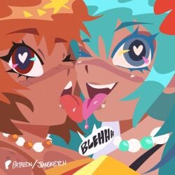 2girls aqua_eyes aqua_hair bead_necklace beads booty_shorts bracelet brazilian_miku breasts brown_eyes choker crossover dialogue earrings female female_focus female_only flower flower_in_hair freckles freckles_on_face french_kiss french_kissing hatsune_miku hi_res jiansketch kissing marvel marvel_comics marvel_rivals necklace orange_hair patreon patreon_username shirt speech_bubble squirrel_girl_(marvel) squirrel_girl_(marvel_rivals) sunglasses sunglasses_on_head tanned tanned_female tanned_skin tongue tongue_out vocaloid yuri