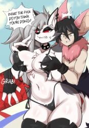 1boy 1girls 2025 absurd_res anthro big_breasts bikini blush breast_grab breasts bulge_grab canid canid_demon canine cleavage clothed clothing cross-popping_vein crossover demon dialogue duo english_text female fingerless_gloves fur furry grey_hair hair hand_on_breast hellhound helluva_boss hi_res huge_breasts legwear long_hair looking_back loona_(helluva_boss) lucyfercomic male male/female mammal mythological_canine mythological_creature mythology navel profanity roy_(lucyfercomic) spiked_collar swimwear tagme text thick_thighs two-piece_swimsuit two_tone_body two_tone_fur white_body white_fur wide_hips wolf wolf_girl