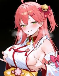 1girls ahoge ai_generated blush covered_nipples erect_nipples fondling_breast grabbing_own_breast green_eyes hololive large_breasts nipple_slip pink_hair sakura_miko side_ponytail sideboob smile steam sweat virtual_youtuber