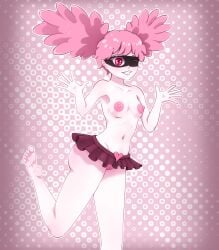 absurd_res belly boku_no_hero_academia breasts breasts facepaint facing_viewer feet feet female female_only front_view grin hands_up haneyama_kazuho heart highres large_areolae line_art looking_at_viewer miniskirt my_hero_academia my_hero_academia:_vigilantes navel nearly_nude nipples one_eye_closed one_leg_up open_mouth pale-skinned_female pale_skin pink_background pink_body pink_eyes pink_hair pink_nipples pink_skin pinup pop_step posing puffy_nipples pussy pussy_peek screentone self_upload short_hair shoulders skirt skirt_only small_breasts small_tits smiling smiling_at_viewer solo solo_female twintails uncensored vagina vigilante:_my_hero_academia_illegals waving