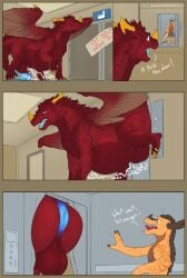 aetherxov animal_genitalia anthro anus ass b0b_dergarius balls big_anus big_butt blue_anus blue_eyes bodily_noises claws dragon duo facial_horn feathered_wings feathers feral fur genitals hi_res horn imminent_fart kobold looking_at_anus male male/male mane mythological_creature mythological_scalie mythology nose_horn perineum puffy_anus red_balls red_body red_fur red_mane rumbling_stomach scalie sheath size_difference tagme teeth wings yellow_claws yellow_horn yellow_nose_horn