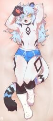 2024 absurd_res anthro aw008166 bandage bandaged_arm blue_hair blush bodily_fluids bulge clothing fangs felid feline footwear hair hand_behind_head heterochromia hi_res kemono lion long_hair looking_at_viewer lying male mammal mostly_nude navel nipples pantherine pawpads socks solo sweat tail teeth underwear