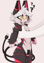 4_fingers absurd_res anthro arm_markings arm_tuft black_body black_fur claws collarbone cord_tail cute_fangs duo ear_markings eye_through_hair eyebrow_through_hair eyebrows facial_markings facial_tuft fangs finger_claws fingers fur gaogomon glistening glistening_body hair hand_tuft head_markings hi_res leg_markings leg_tuft looking_at_another male markings navel offscreen_character open_mouth pawpads power_cord question_mark red_eyes red_inner_ear red_markings red_pawpads shoulder_tuft simple_background size_difference teeth thick_thighs translucent translucent_hair tuft white_background white_body white_hair yellow_sclera