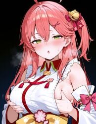 1girls ai_generated blush fondling_breast grabbing_own_breast green_eyes hololive large_breasts pink_hair sakura_miko side_ponytail sideboob steam sweat virtual_youtuber