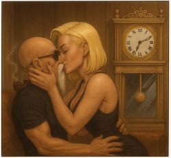 age_difference ai_generated android_18 beard blue_eyes couple couple_(romantic) dragon_ball female kiss kissing lou male master_roshi old_male old_man older_male older_male_and_younger_female younger_female