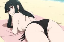ai_generated alone ass beach beach_towel bikini_bottom boobs daytime female_only laying_down laying_on_stomach looking_at_viewer pinku.ai rear_view sand sideboob smirk spy_x_family topless topless_female yor_briar