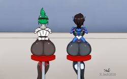 2d 2girls asian asian_female ass_focus big_ass big_butt blizzard_entertainment brown_hair bubble_butt color colored d.va digital_art drawing female green_hair hana_song hd hi_res japanese_female jeoh2020 kiriko_(overwatch) kiriko_kamori korean_female no_nude overwatch overwatch_2 signature stool voluptuous voluptuous_female watermark